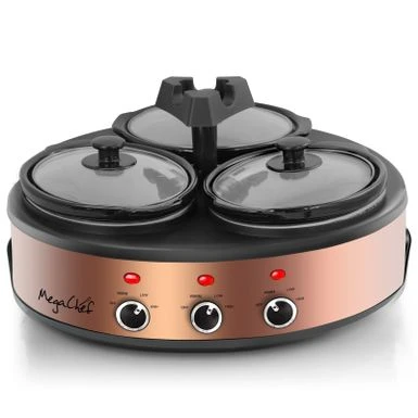 Round Triple 1.5 Qt Slow Cooker Server In Copper With 3 Ceramic Pots - Variable Temperature Control - Stoneware - 1-2 Quarts 1 Round Triple 1.5 Qt Slow Cooker Server In Copper With 3 Ceramic Pots - Variable Temperature Control - Stoneware - 1-2 Quarts