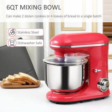HOMCOM Stand Mixer With Splash Guard, Electric Hand Mixer Set With 6 Qt. Large Mixing Bowl - 14.5" X 9" X 14.5" - White 6 HOMCOM Stand Mixer With Splash Guard, Electric Hand Mixer Set With 6 Qt. Large Mixing Bowl - 14.5" X 9" X 14.5" - White - Image 6