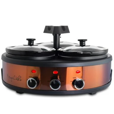 Round Triple 1.5 Qt Slow Cooker Server In Copper With 3 Ceramic Pots - Variable Temperature Control - Stoneware - 1-2 Quarts 8 Round Triple 1.5 Qt Slow Cooker Server In Copper With 3 Ceramic Pots - Variable Temperature Control - Stoneware - 1-2 Quarts - Image 8