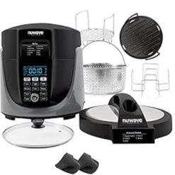 NuWave Duet Air Fryer, Electric Pressure Cooker & Grill Combo, 540 IN 1 Multicooker With 3 Removable Lids That Slow Cook, Sears, Sauts, 18/10 SS Pot, Sure-Lock Safety Tech & 10 Deluxe Accessories