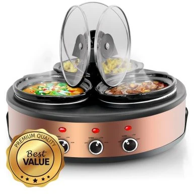 Round Triple 1.5 Qt Slow Cooker Server In Copper With 3 Ceramic Pots - Variable Temperature Control - Stoneware - 1-2 Quarts 2 Round Triple 1.5 Qt Slow Cooker Server In Copper With 3 Ceramic Pots - Variable Temperature Control - Stoneware - 1-2 Quarts - Image 2