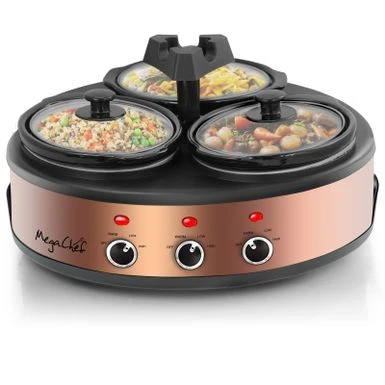 Round Triple 1.5 Qt Slow Cooker Server In Copper With 3 Ceramic Pots - Variable Temperature Control - Stoneware - 1-2 Quarts 3 Round Triple 1.5 Qt Slow Cooker Server In Copper With 3 Ceramic Pots - Variable Temperature Control - Stoneware - 1-2 Quarts - Image 3