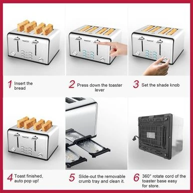 Toaster 4 Slice, Stainless Steel Slot Toaster With Dual Control Panels - Stainless Steel 5 Toaster 4 Slice, Stainless Steel Slot Toaster With Dual Control Panels - Stainless Steel - Image 5