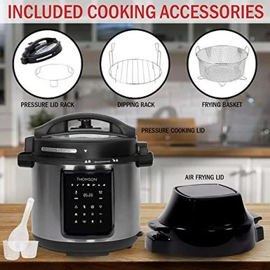 Thomson TFPC607 9-in-1 Pressure Cooker And Air Fryer With Dual Lid, Slow Cooker And More, Digital Touch Display, 6.5 QT Capacity, Included Cooking Accessories - Stainless Steel 7 Thomson TFPC607 9-in-1 Pressure Cooker And Air Fryer With Dual Lid, Slow Cooker And More, Digital Touch Display, 6.5 QT Capacity, Included Cooking Accessories - Stainless Steel - Image 7